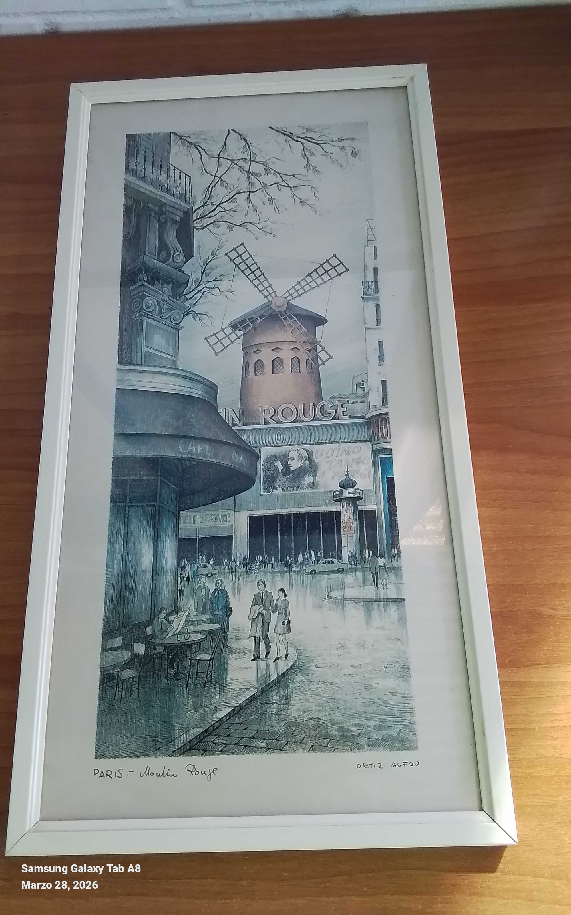 Quadro con scena parigina con sfondo il Moulin Rouge